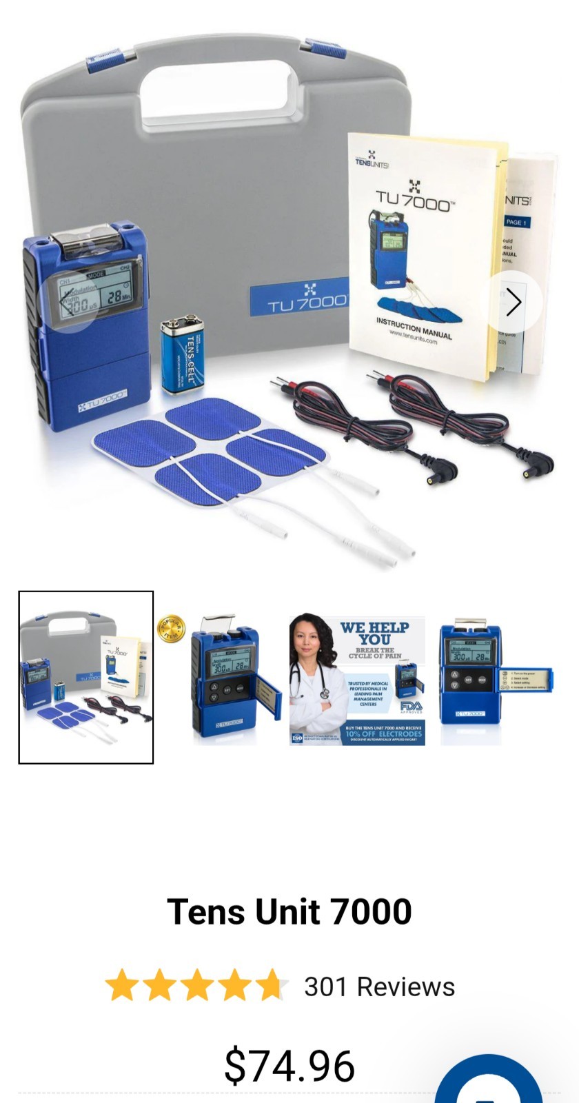 TENSUnits TU 7000 2-Channel Handheld TENS Unit Kit w/ Case Pads Leads Manual