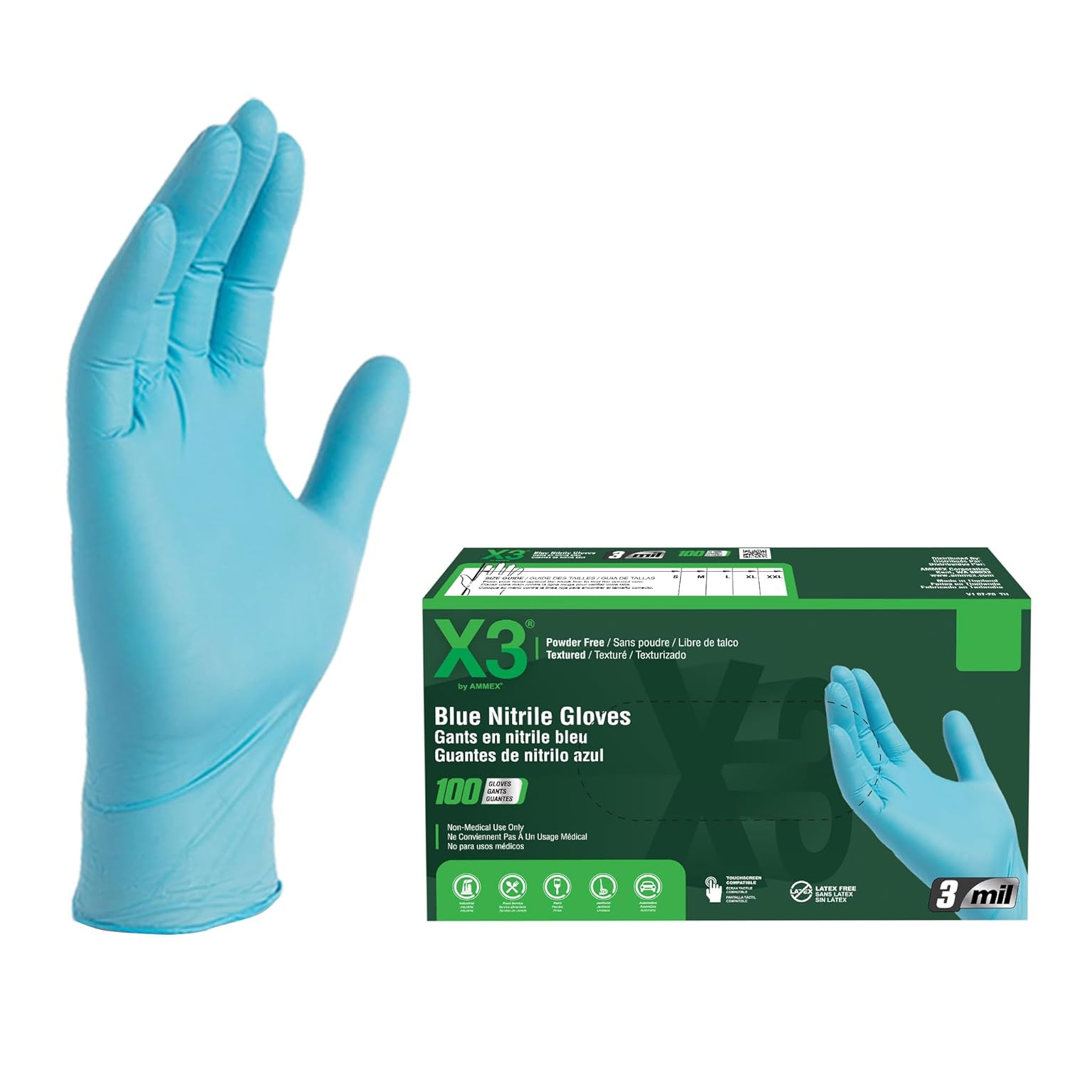 Industrial Blue Nitrile Gloves, Box of 100, 3 Mil, Size X-Large, Latex Free, Pow
