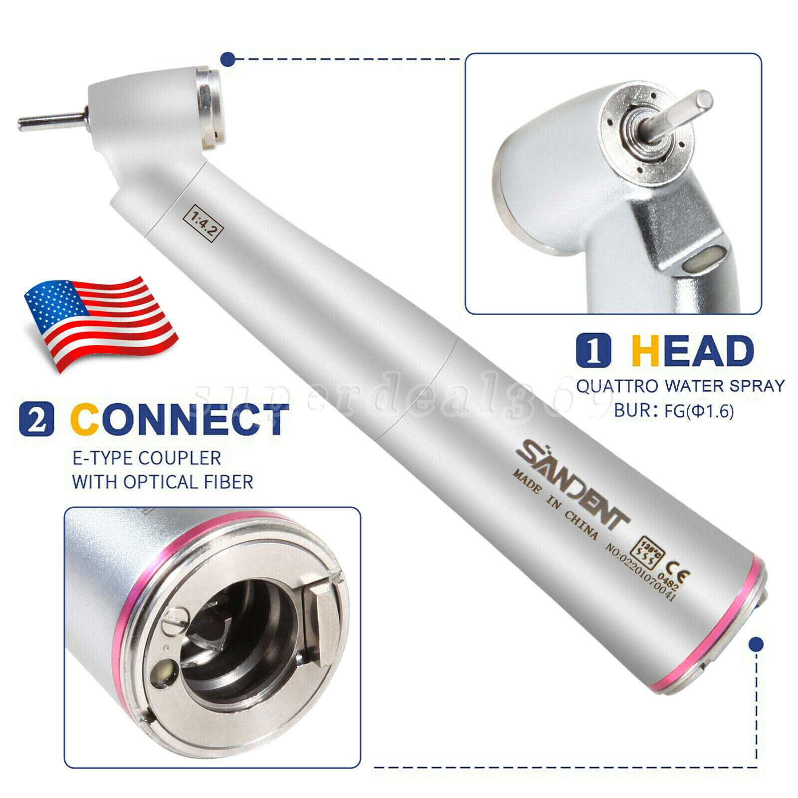 45° Angle Head Dental 1:4.2 Increasing LED Optic Contra Angle handpiece Inner US