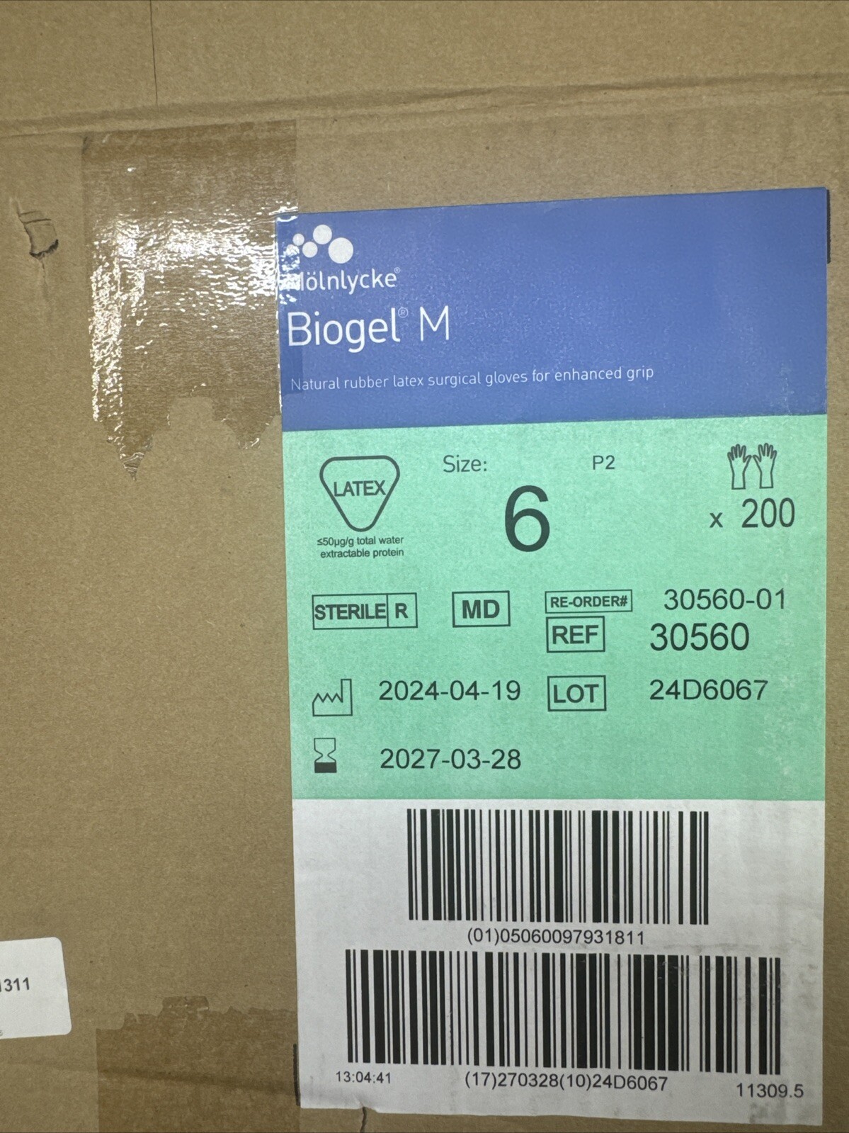 Molnlycke Biogel M Latex Surgical Gloves 1 CASE Sterile, Size: 6 Exp: 03/27