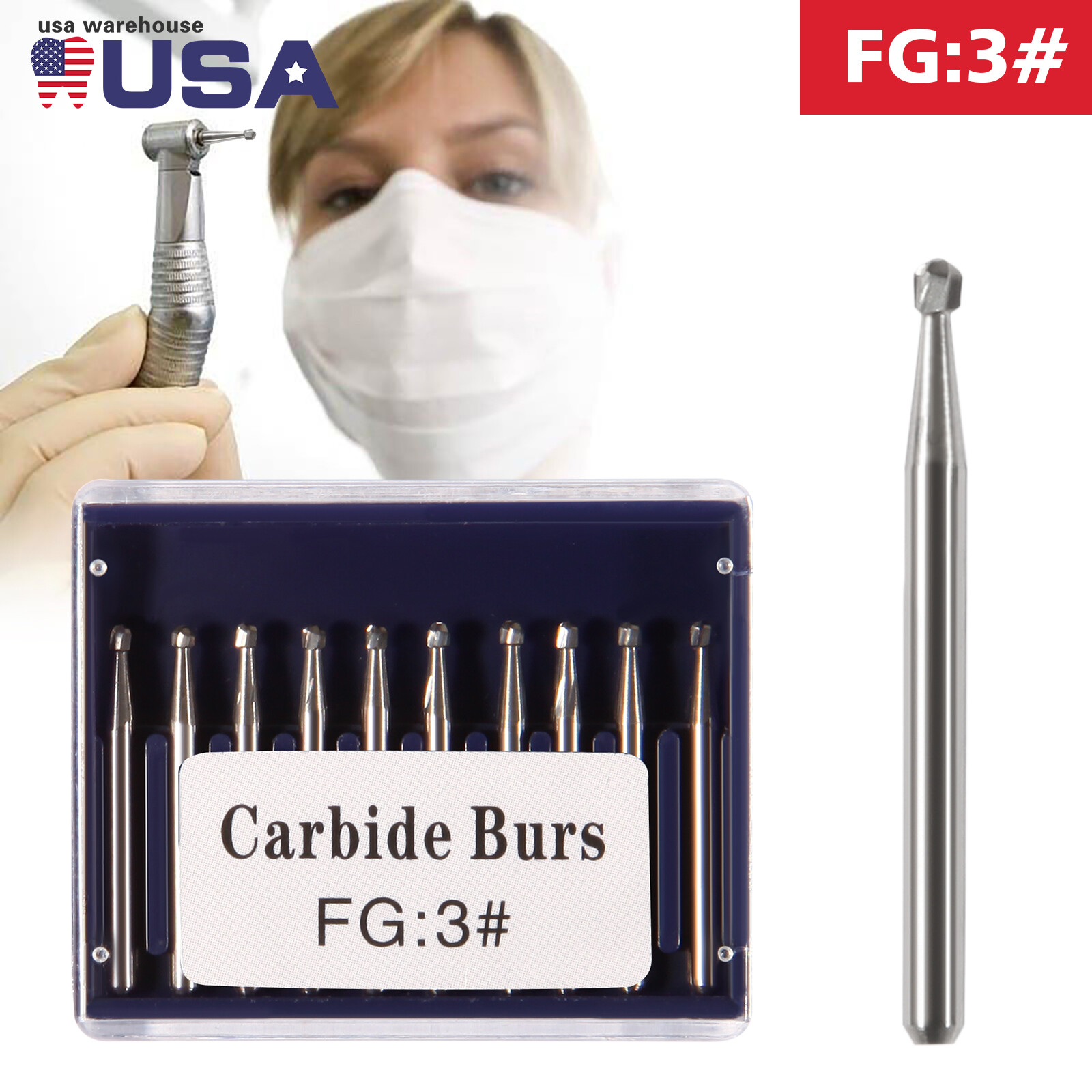 FG 3 Dental Round Carbide Steel Drills Burs FG Bur for High Speed Handpiece