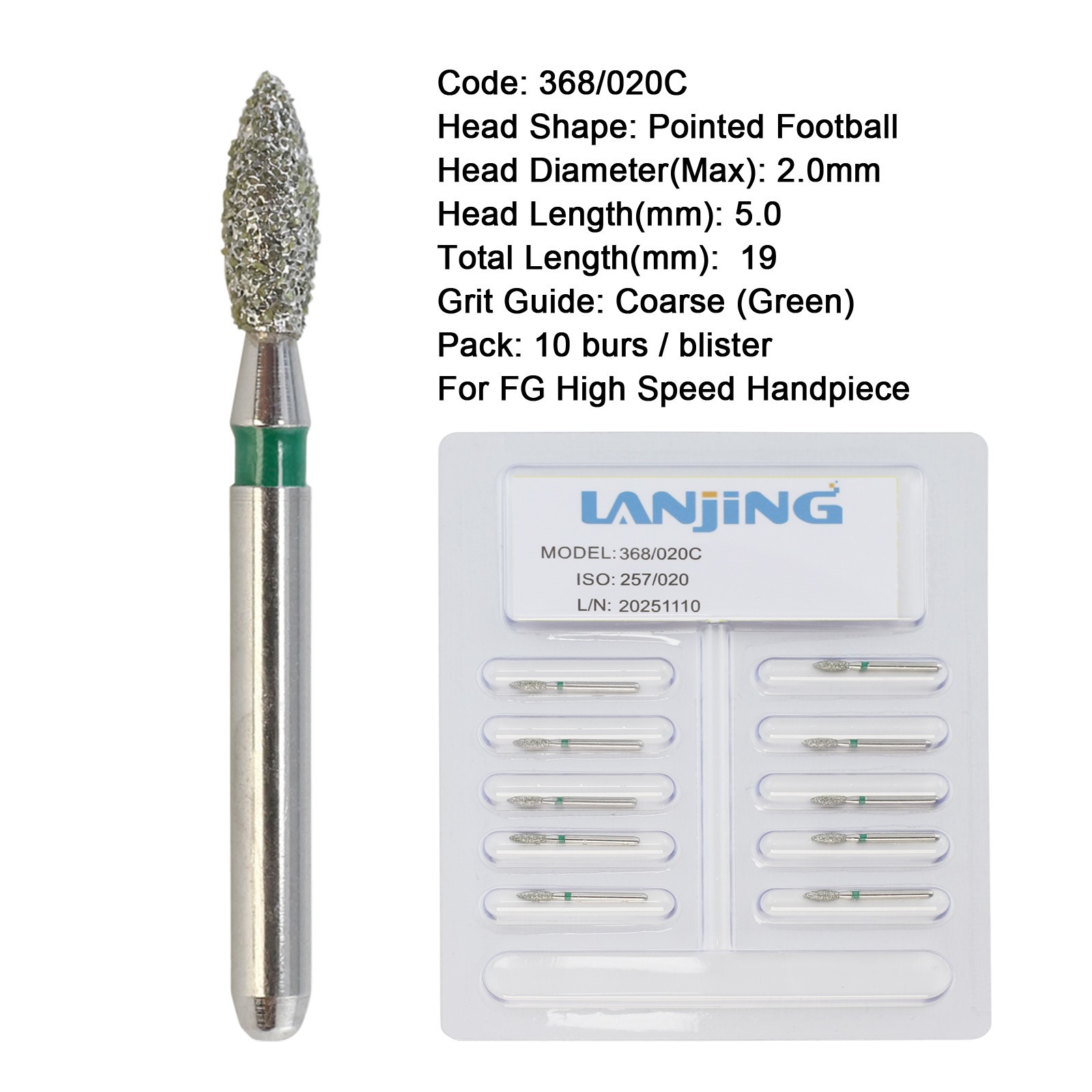 Dental Diamond Burs FG High Speed Bur Football Egg Round Ball Taper Flame Burr