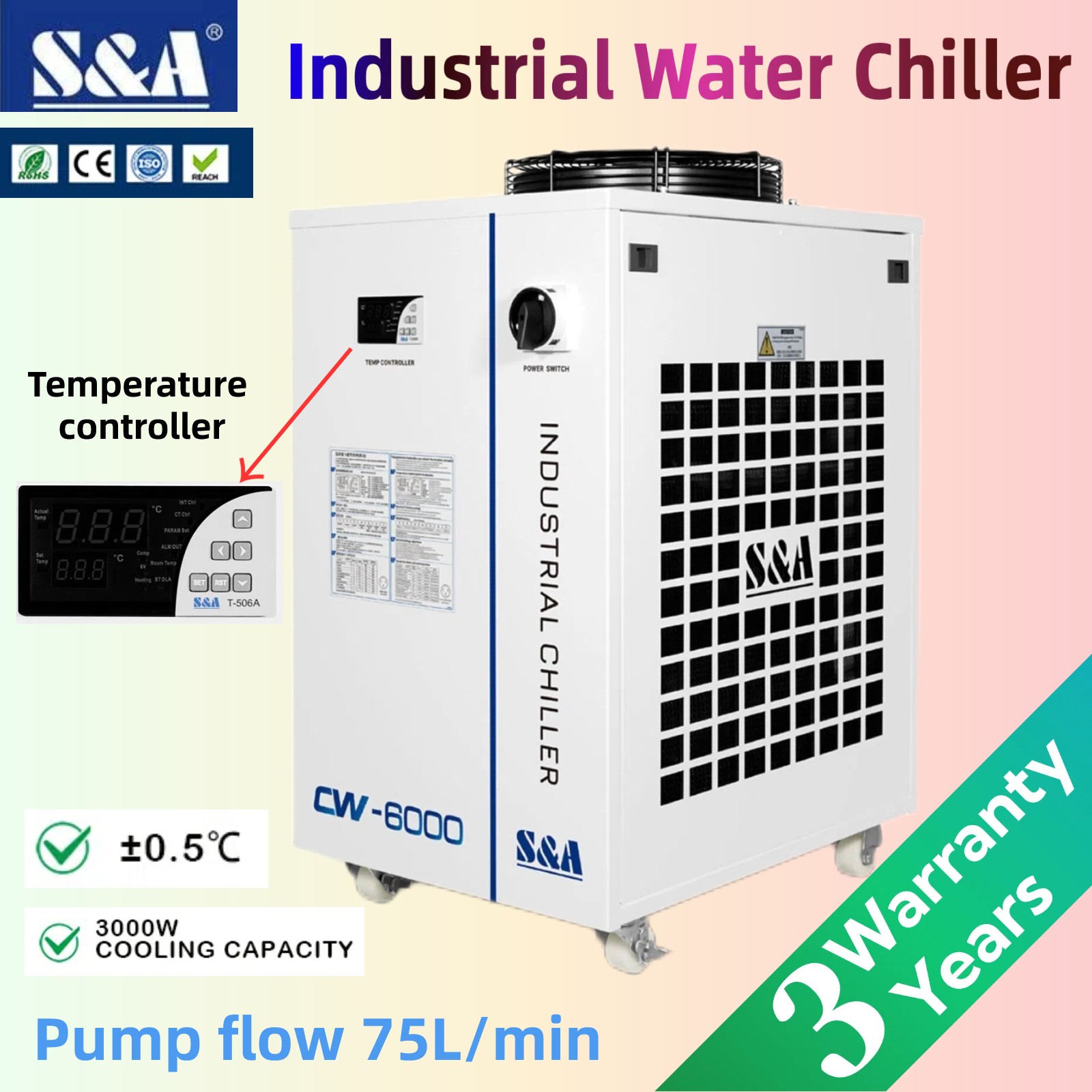 S&A CW-6000 Pump flow 75L/min Industrial Water Chiller 110V 60Hz Water Cooler