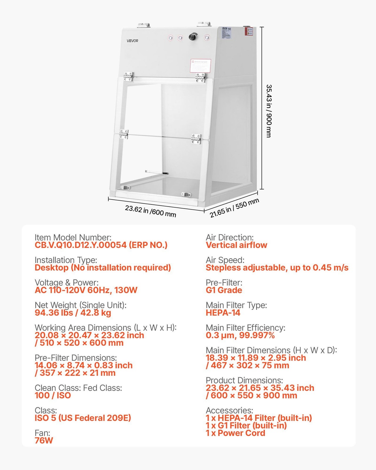 Vertical Laminar Flow Hood, 0.45 m/s Adjustable, LED Light, 65dB, Desktop