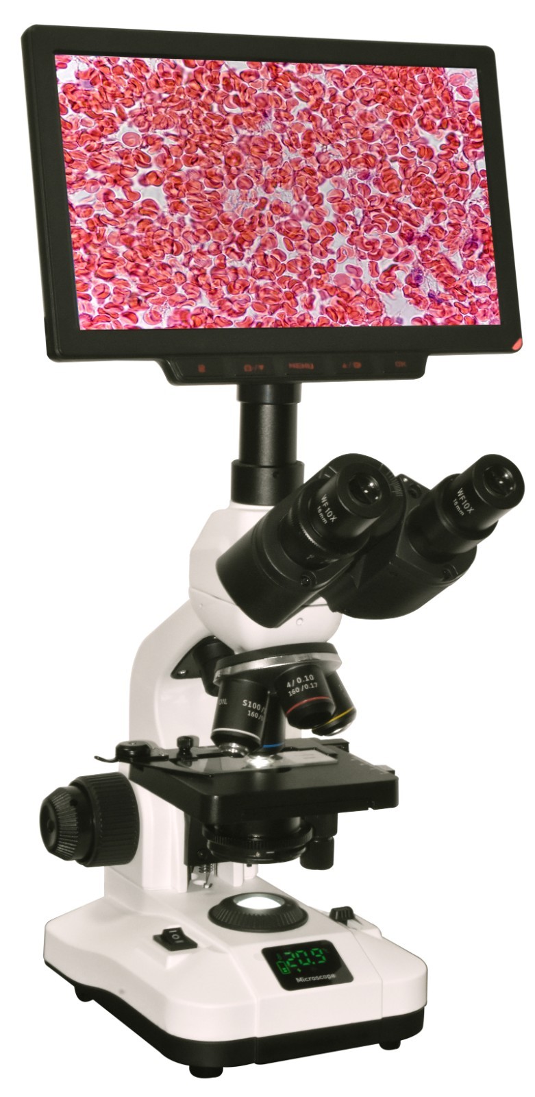 Trinocular Lab Microscope 2500x S-Plan Optics w 9” 4K Camera & LED Info Display