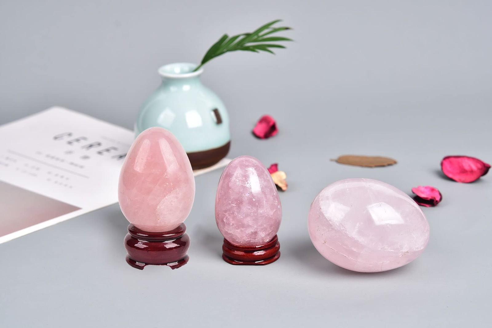 Amoystone Hand-Carved Rose Quartz Decorative Egg Base Healing Crystal Stone For