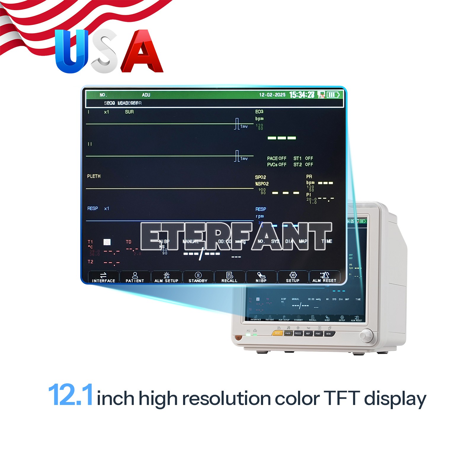 12″ Patient Monitor ICU CCU Vital Sign for Hospital ECG NIBP RESP TEMP SPO2 PR