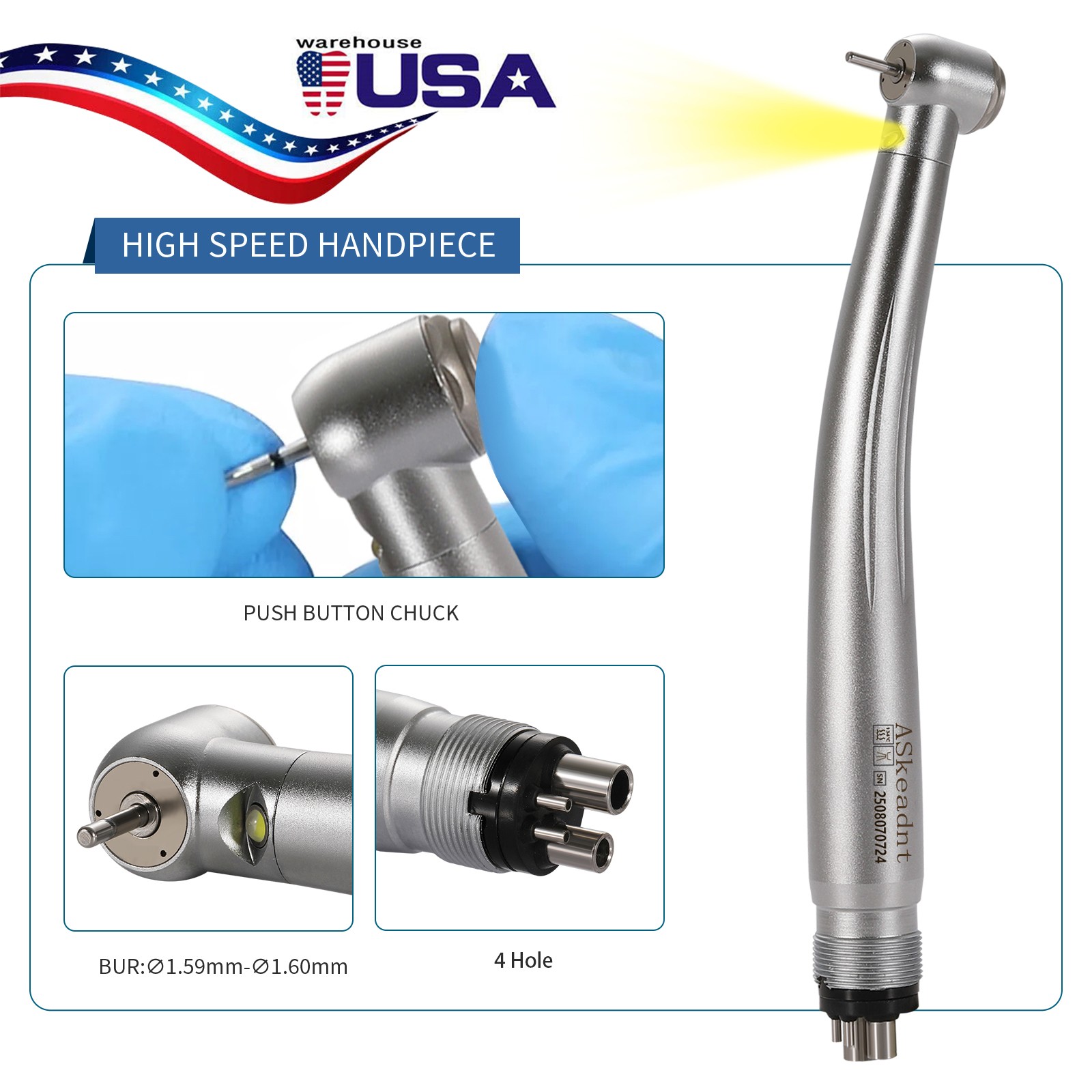 Dental LED E-generator Fiber Optic Push Button 4Holes Turbine Handpiece Y