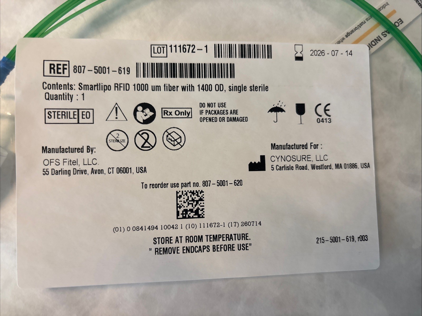 NEW CYNOSURE SMARTLIPO RFID 1000 um FIBER w/ 1400 OD 807-5001-619 Exp 2026-07-14