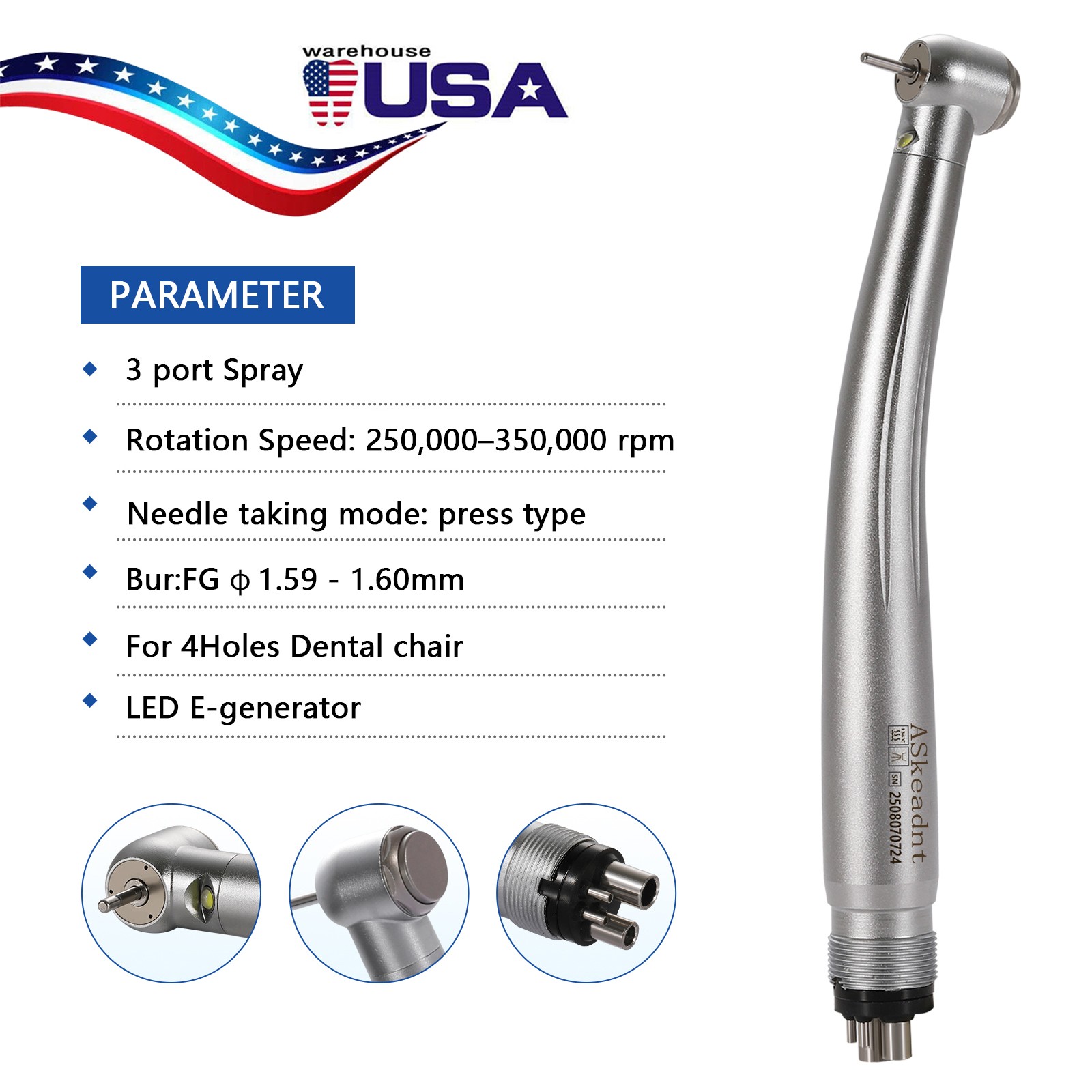 Dental LED E-generator Fiber Optic Push Button 4Holes Turbine Handpiece Y