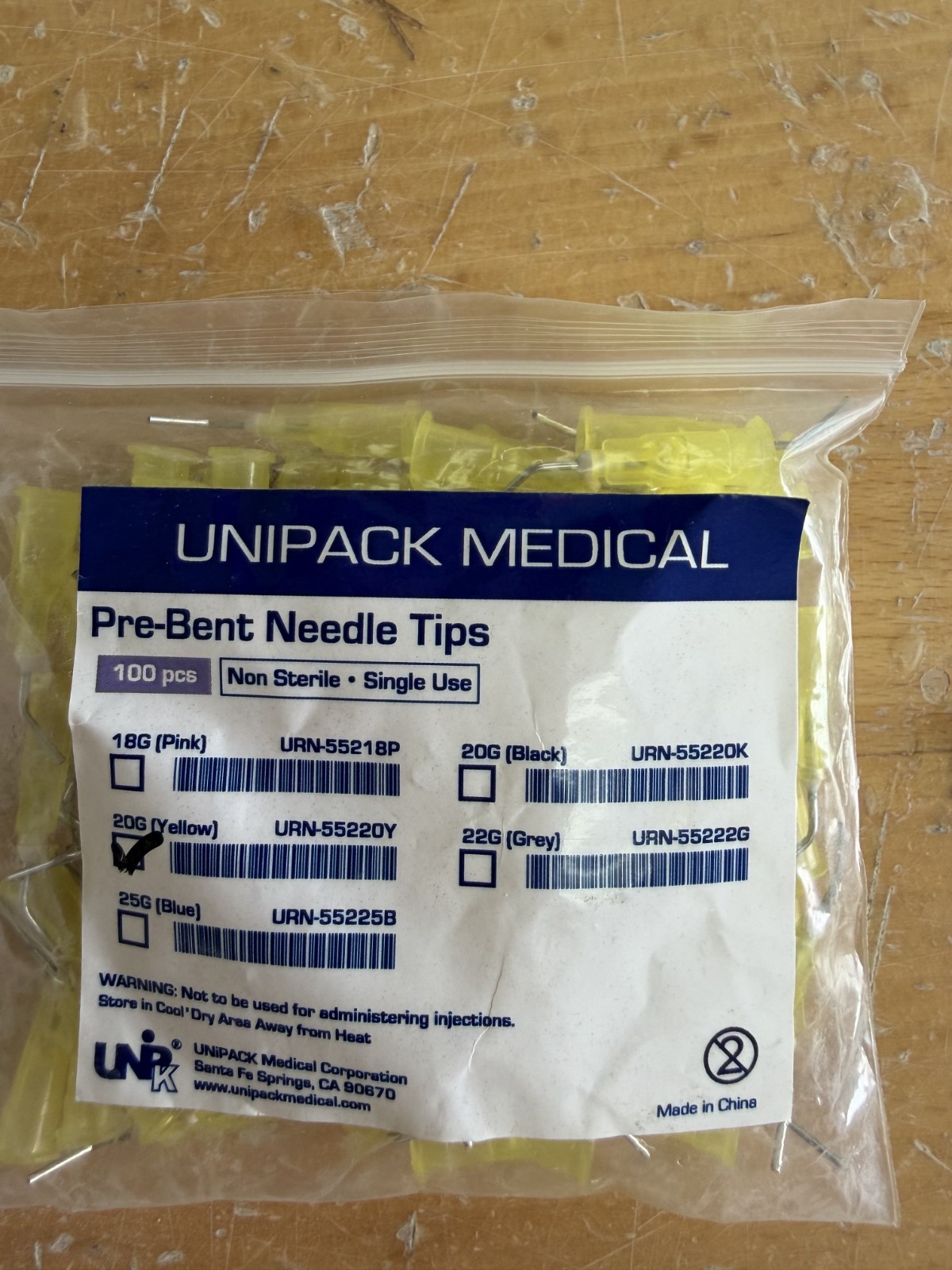 UNIPACK MEDICAL PRE BENT NEEDLE TIPS 20g Yellow 100pcs/bag