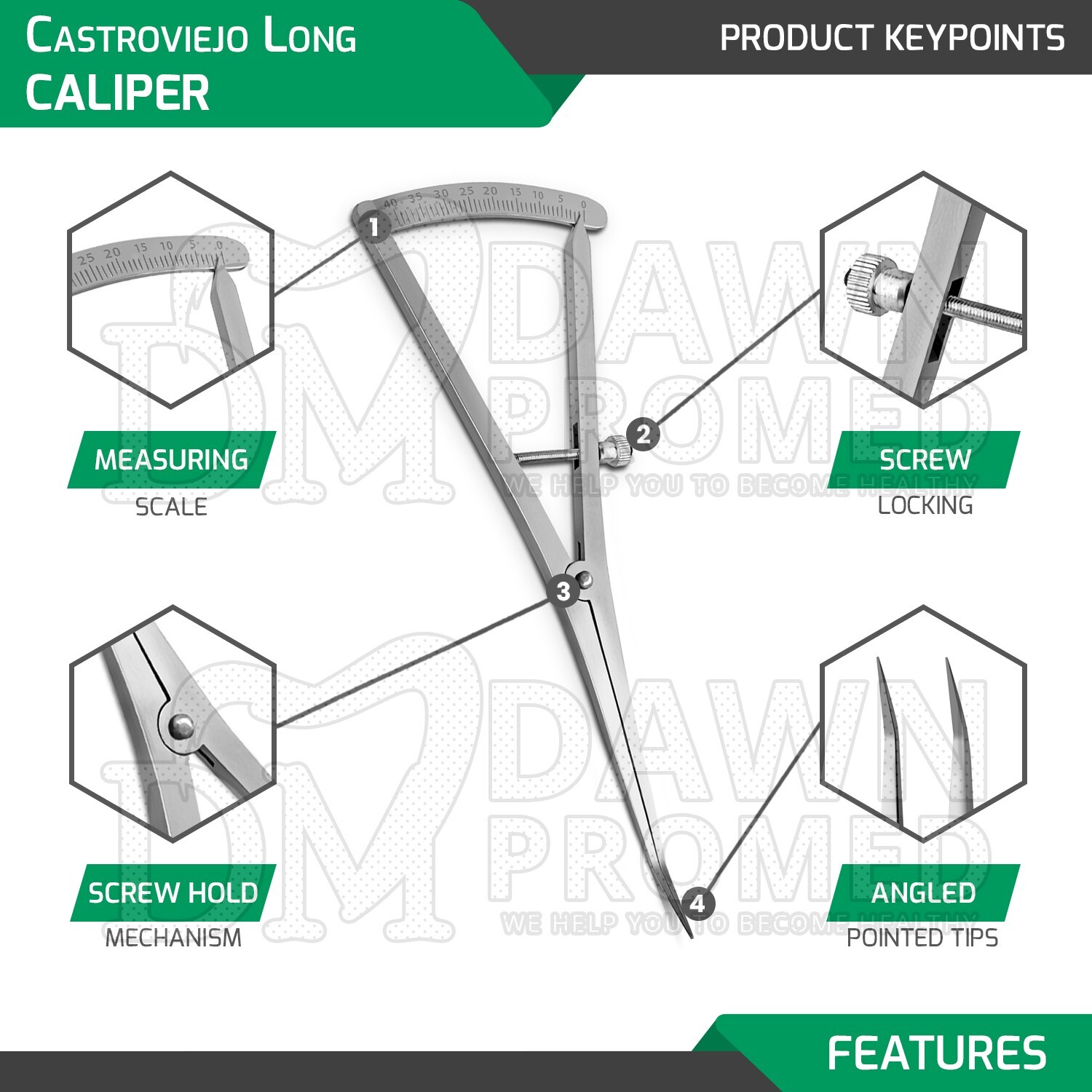 Castroviejo Caliper Angled 6″ Long Bone Mapping 0-40mm Scale Ophthalmology Int