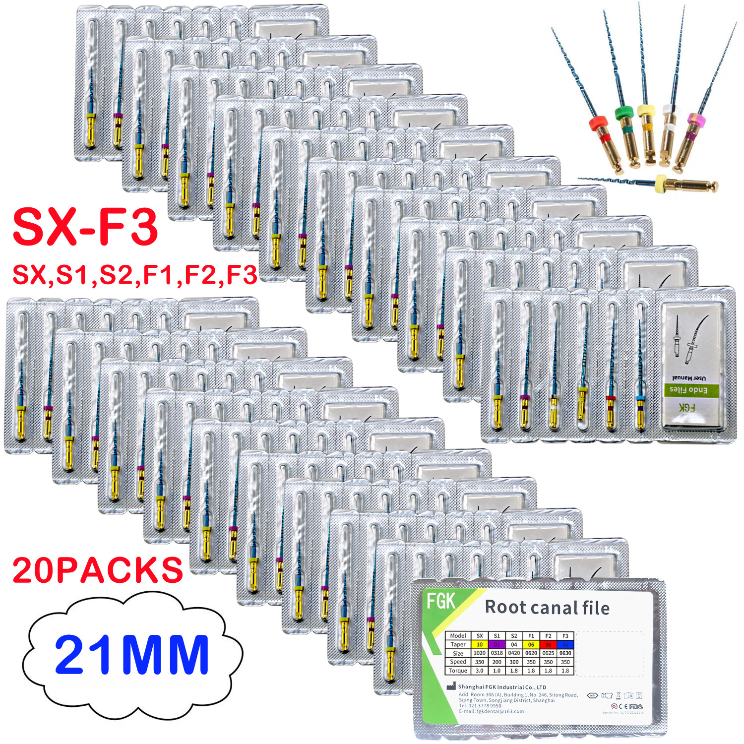 20PKS Dental Endo Rotary Files Engine Use NITI Root Canal SX S1 S2 F1 F2 F3 21MM