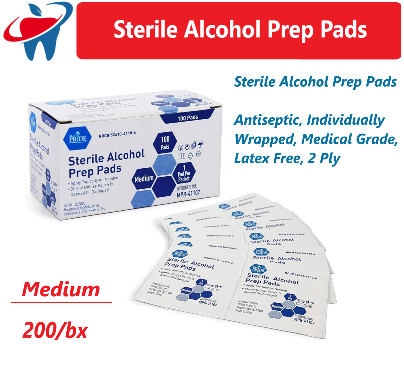 Sterile Alcohol Prep Pads, Antiseptic, Individually Wrap, Medical, Medium, 600Bx