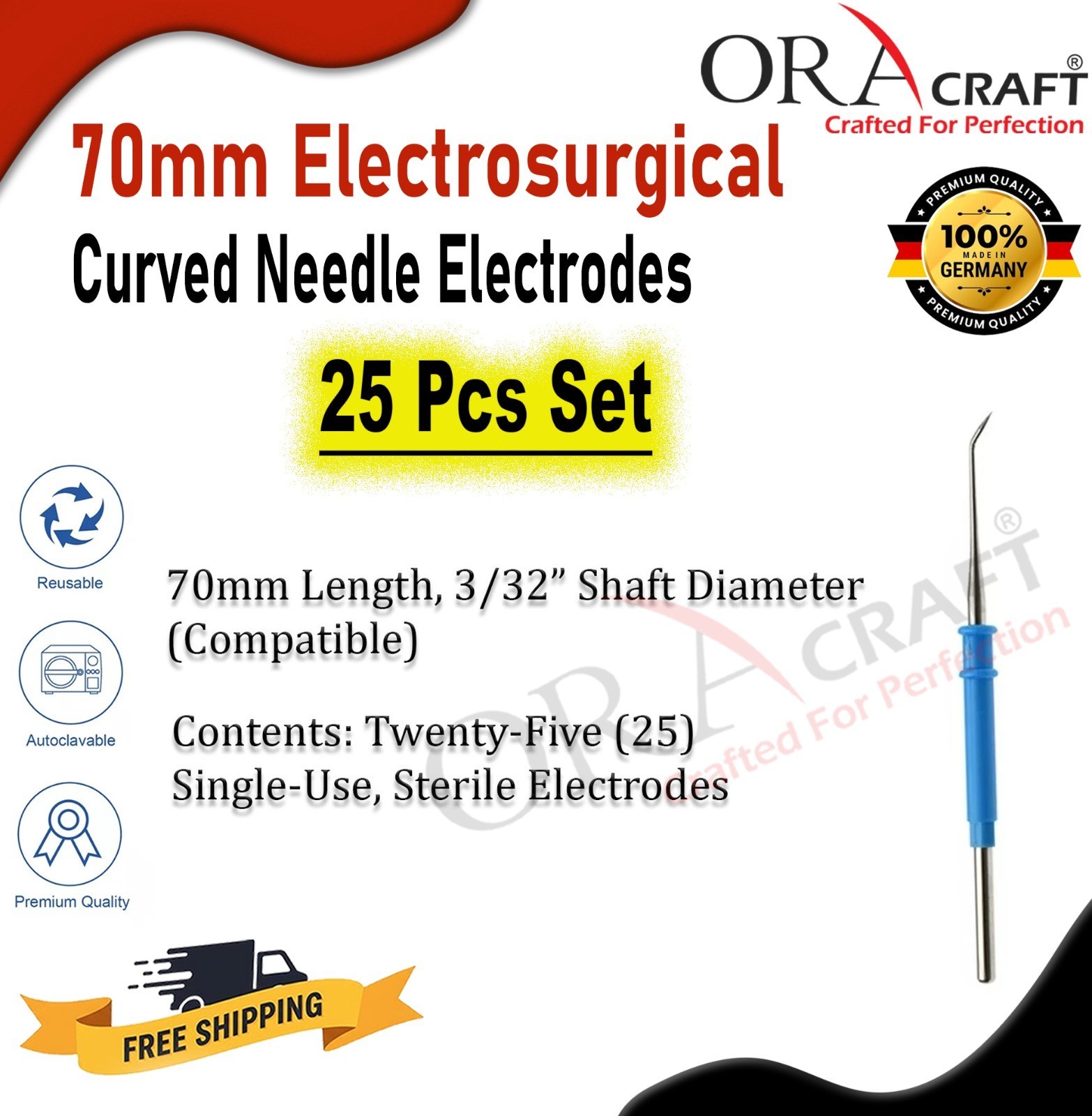 ESU Diathermy Electrosurgical Curved Needle Electrodes 25Pcs Set Cautery Tip CE