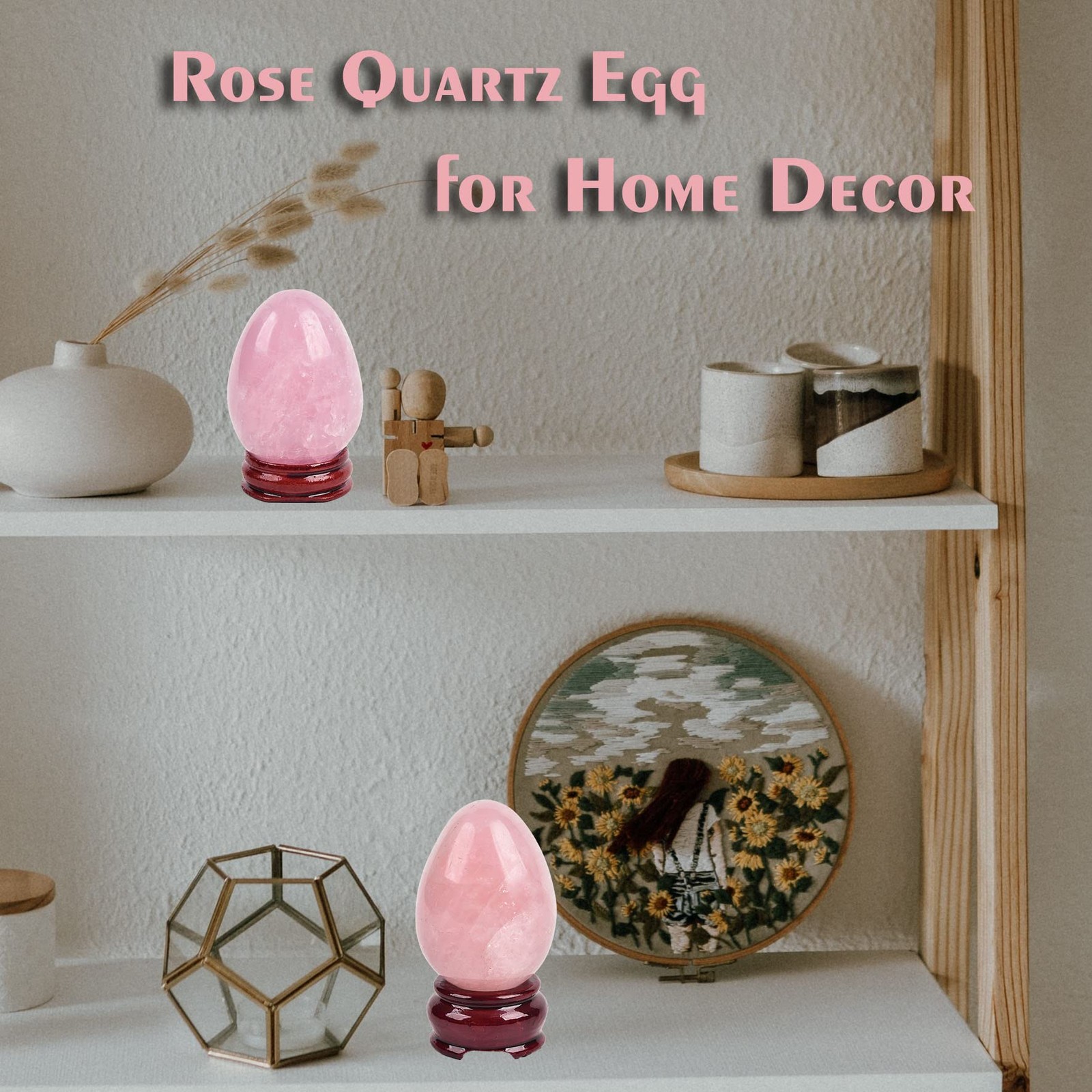 Amoystone Hand-Carved Rose Quartz Decorative Egg Base Healing Crystal Stone For
