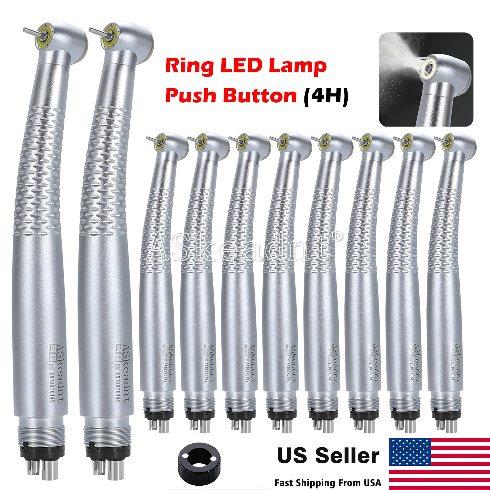 1-10*Dental Shadowless Ring LED High Speed Handpiece 5 Water Spary 4Hole Ceramic